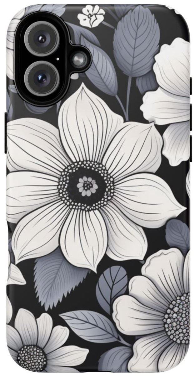Zwart-Wit Bloemenpatroon – Telefoonhoesje Geschikt voor iPhone 16 Plus