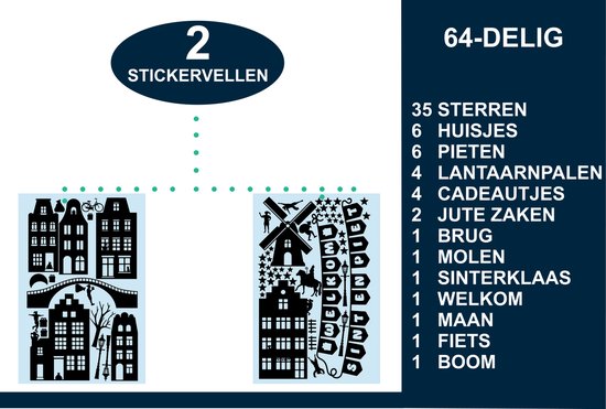 2 vellen met Sinterklaas-thema stickers: huizen, molen, brug, sterren, Sinterklaas en fietsen.