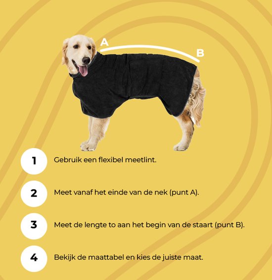Gouden retriever met zwarte badjas, met pijlen en tekst die de maten aangeeft.