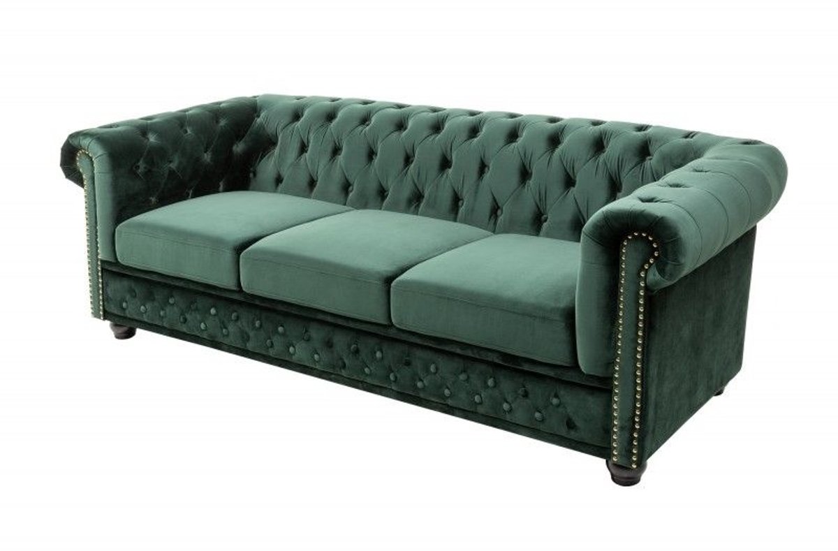 Invicta Interior Chesterfield 3-zitsbank 205cm flesgroen fluweel met knoopstiksel en veerkern - 40483 Zie omschrijving