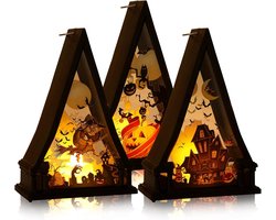halloween- halloween decoratie-Halloweenlantaarns - Halloweendecoraties - Minidriehoeken - Halloween - Spook - Pompoen - Kasteel - Vleermuis - Heks - Boom - Kaars - Pompoen - Voor binnen-, buiten- en tafeldecoraties (verpakking van 3 - 15*9.5*6.3)