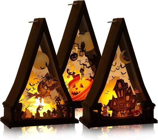 halloween- halloween decoratie-Halloweenlantaarns - Halloweendecoraties - Minidriehoeken - Halloween - Spook - Pompoen - Kasteel - Vleermuis - Heks - Boom - Kaars - Pompoen - Voor binnen-, buiten- en tafeldecoraties (verpakking van 3 - 15*9.5*6.3)