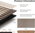 Gedetailleerde productinformatie van houten lamellenpanelen: houtnerf, MDF en geluidsabsorberend materiaal. Afmetingen: 60x120cm.