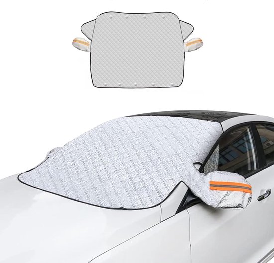 Auto Voorruit Hoes - met Zijspiegelbeschermers - 4-laags bescherming - Magnetische sluiting - Beschermt tegen sneeuw, ijs, vorst en zon - Geschikt voor grote auto's, SUV's, vrachtwagens en bestelwagens in alle weersomstandigheden - 150x110cm - Zilver