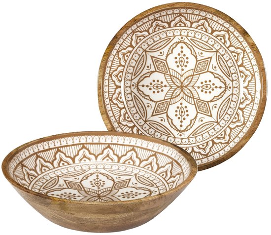 Houten fruitschaal en bijpassende schaal met een wit en goudkleurig mandala-patroon.