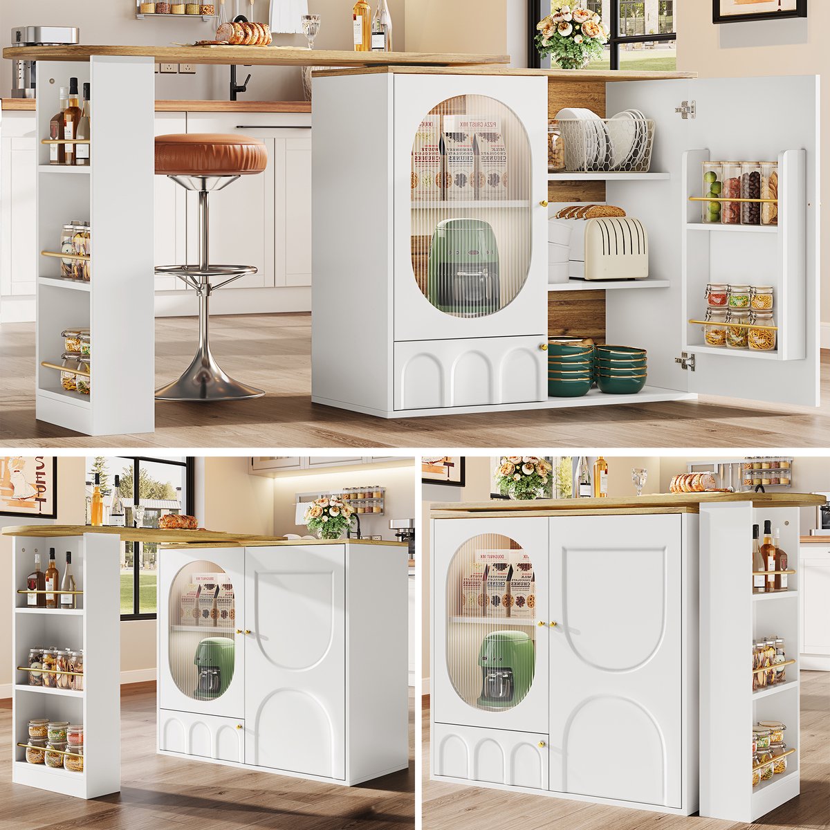 360° Draaibare Bartafel (138x39x102 cm) - Witte of Zwarte Koffiebar met 3 Deuren & Verstelbare Indeling - Draaibaar Keuken Eiland