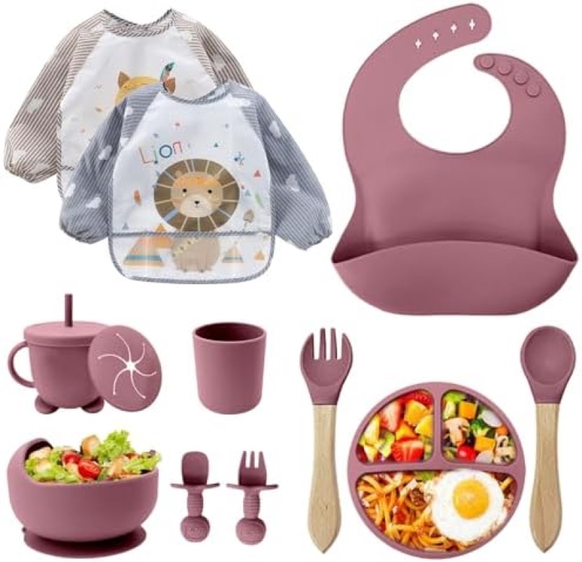 Image of 12-delige Baby Eetgerei Set - Siliconen Babyservies met Zuignap, Vaatwasser- en Magnetronbestendig, BPA-vrij, Complete Baby Led Spenen Set met Bord, Beker, Lepel en Slabbetjes