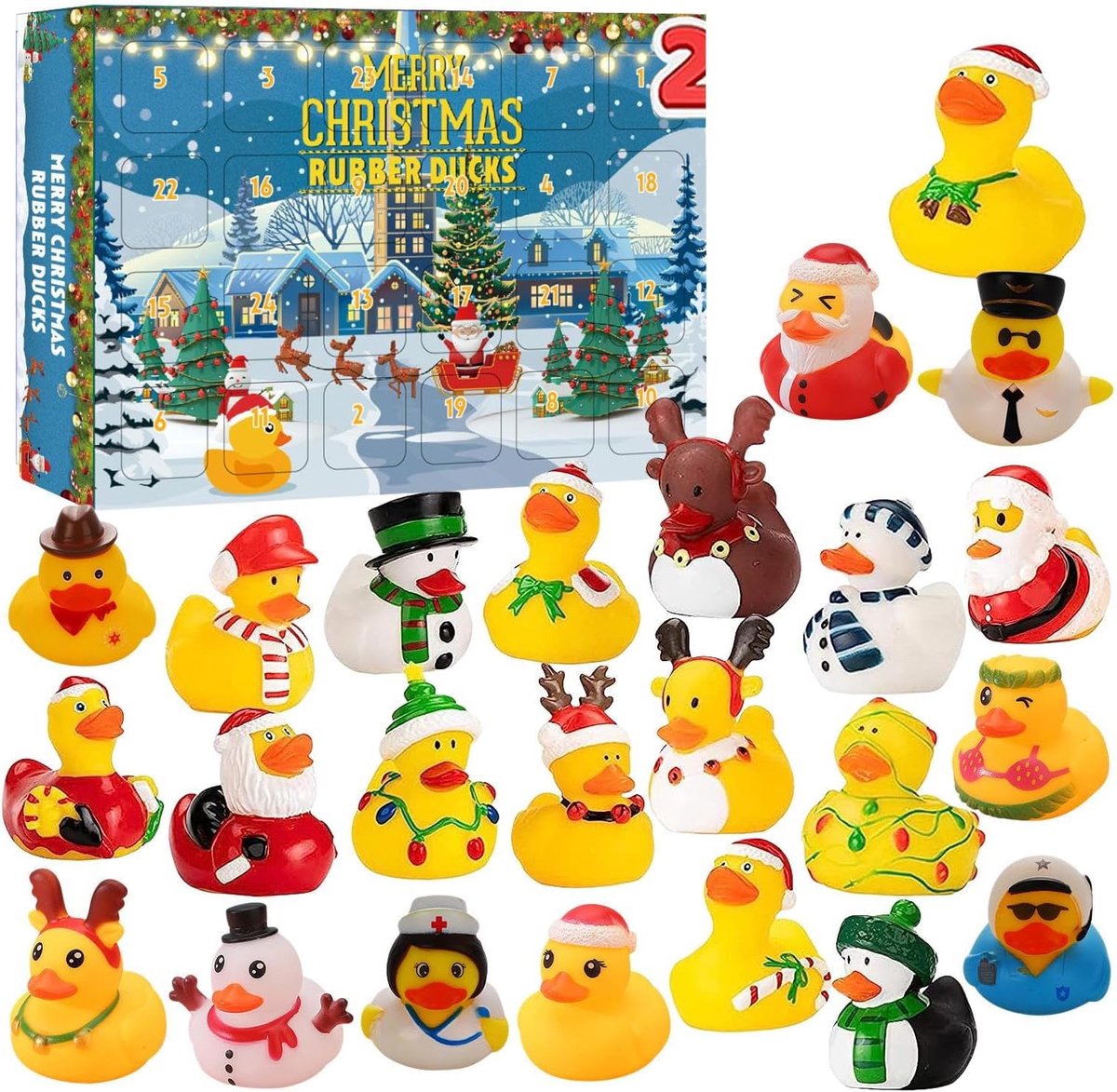 Adventskalender 2025 - Adventskalender - 24 dagen aftellen naar Kerstmis - 24 rubberen eenden - leuk badspeelgoed voor meisjes van 3-9 jaar oud - speelgoed, kerstdecoratie, feestgeschenken - 32 cm x 22 cm