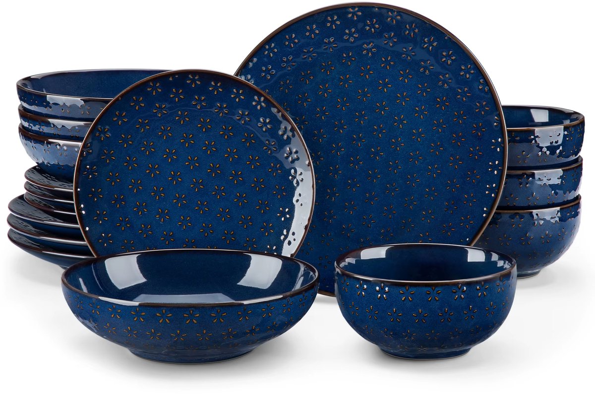 Luxe Serviesset – 16 delig – 4 persoons – Steengoed - Bordenset – Dinner platen – Dessertborden - Kommen - Pastabord - Blauw