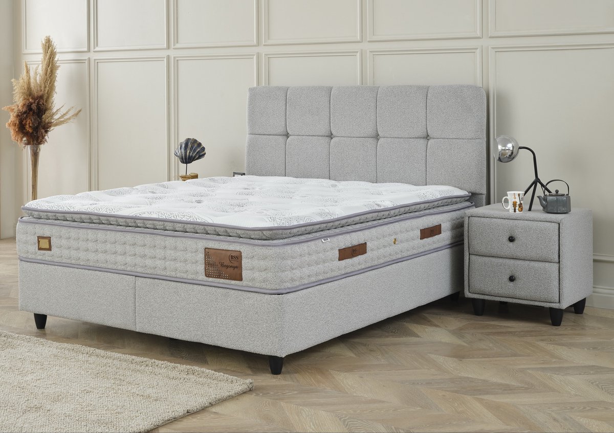 BSS Bedding Begonya - Complete Boxspring - Boxspring 160x200 - Boxspring met Opbergruimte - Inclusief Dekbed - Bedden - 1 x Matras met Topper - 2 x Bedbox - 1 x Hoofdbord - Vlekbestendige & Gemakkelijk te Reinigen Stof