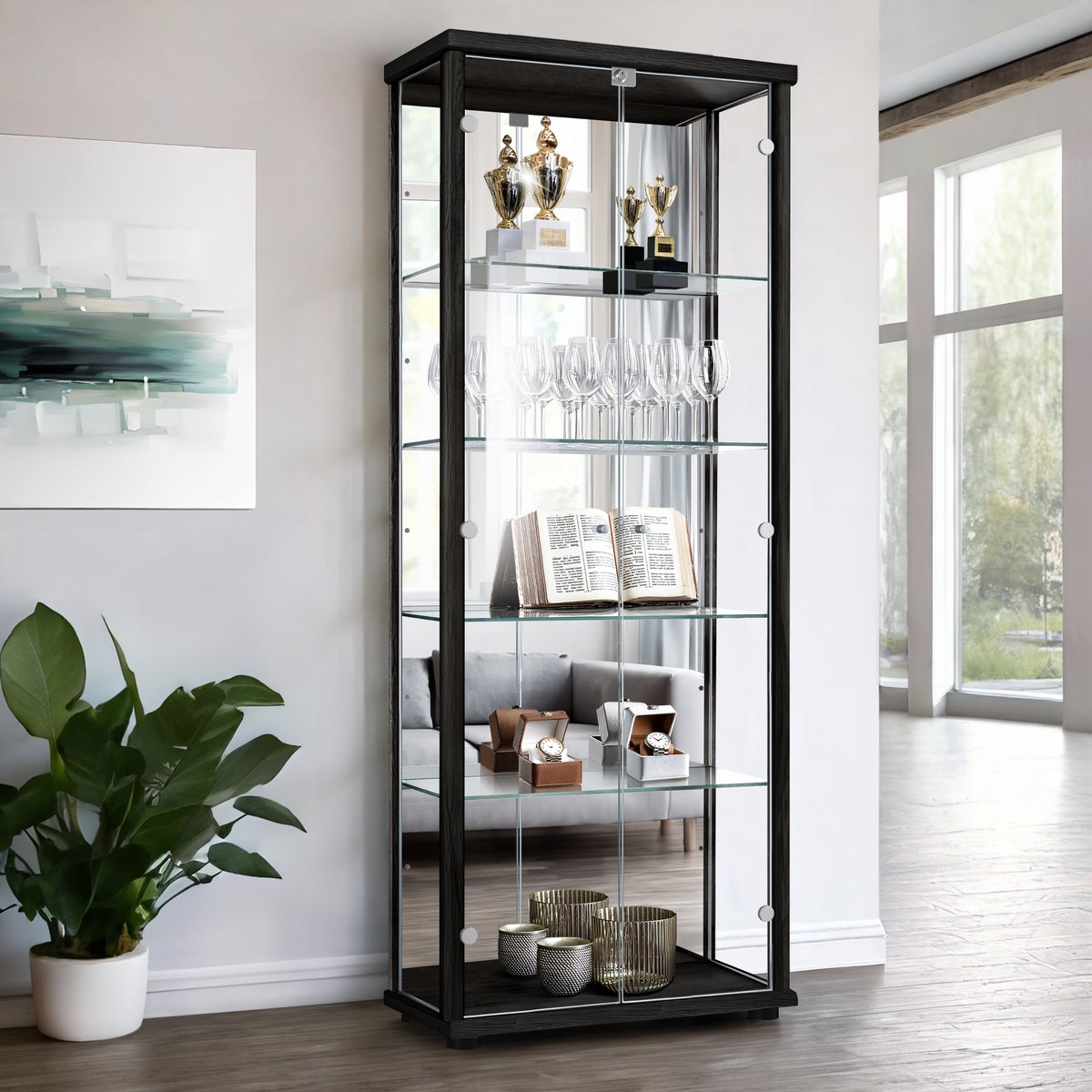 K-Möbel Vitrinekast met glas staand met 2 deuren, 4 in hoogte verstelbare glasplanken, spiegel & slot - Vitrinekast met led verlichting - 176x67x33 cm - Zwart