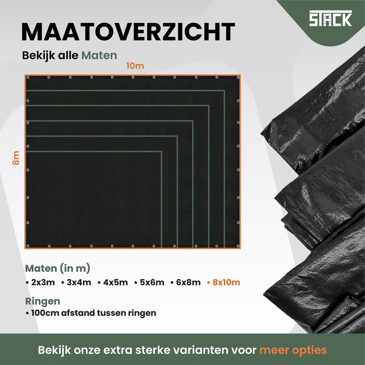 STACK® Sterk Afdekzeil - 8x10m - Zwart - 100G/M2 - Waterdicht Bouwzeil & Zeildoek - Zeil Met Ringen - Beschermhoes & Afdekhoes voor Zwembad,Tuinset, Tuin Meubelen,Motor,Scooter,Fietsen,Aanhangwagen,Scootmobiel,BBQ accesoires - Auto Hoes Bescherming — afbeelding 6