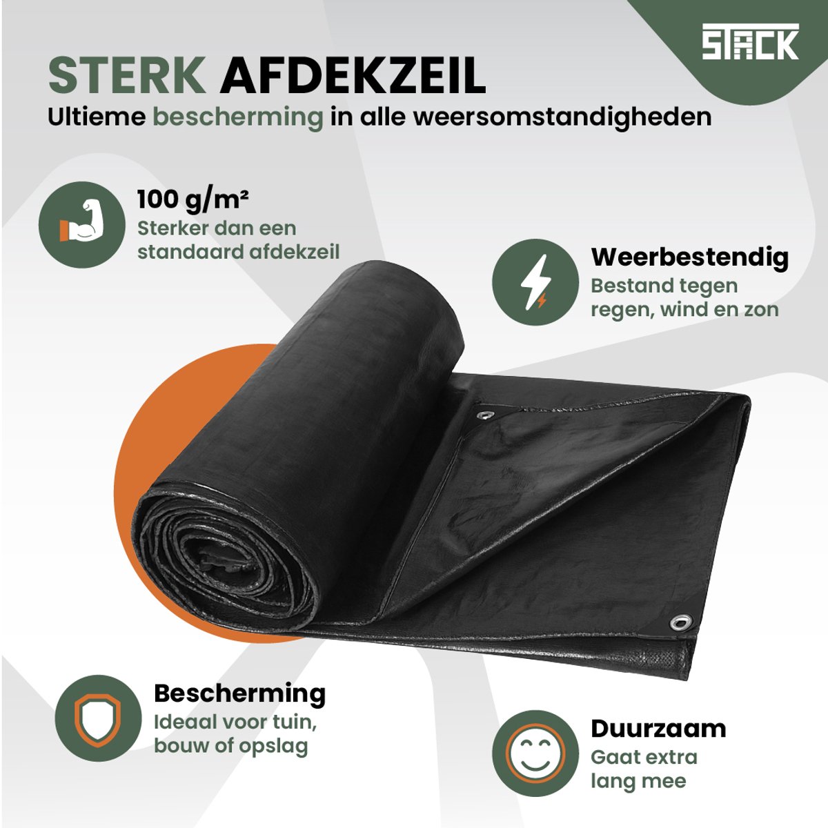STACK® Sterk Afdekzeil - 3x4m - Zwart - 100G/M2 - Waterdicht Bouwzeil & Zeildoek - Zeil Met Ringen - Beschermhoes & Afdekhoes voor Zwembad,Tuinset, Tuin Meubelen,Motor,Scooter,Fietsen,Aanhangwagen,Scootmobiel,BBQ accesoires - Auto Hoes Bescherming — afbeelding 2