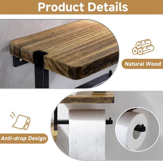 Detail van houten toiletrolhouder met plank en anti-drop ontwerp. Tekst 'Natural Wood' en 'Anti-drop Design'.