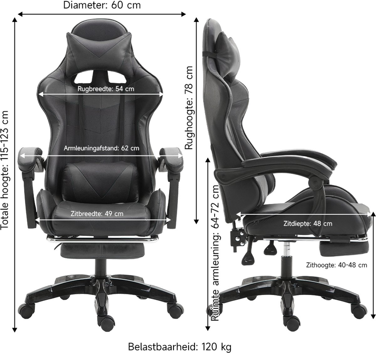 A.A.A.G. Ergonomische Gamingstoel met Lendensteun en Ligfunctie Zwart - afbeelding 3