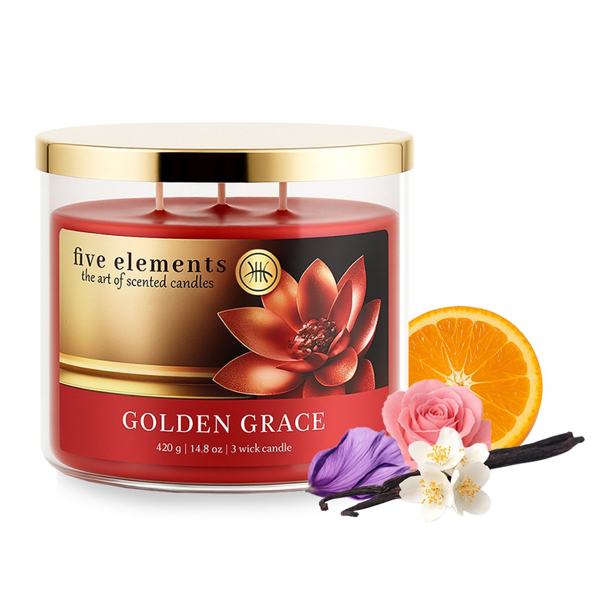 Geurkaars Five Elements Golden Grace, 420 g, 3 lonten