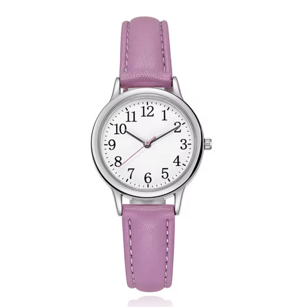 LGT Vrouwelijk dameshorloge met lila band en zilverkleurige kast