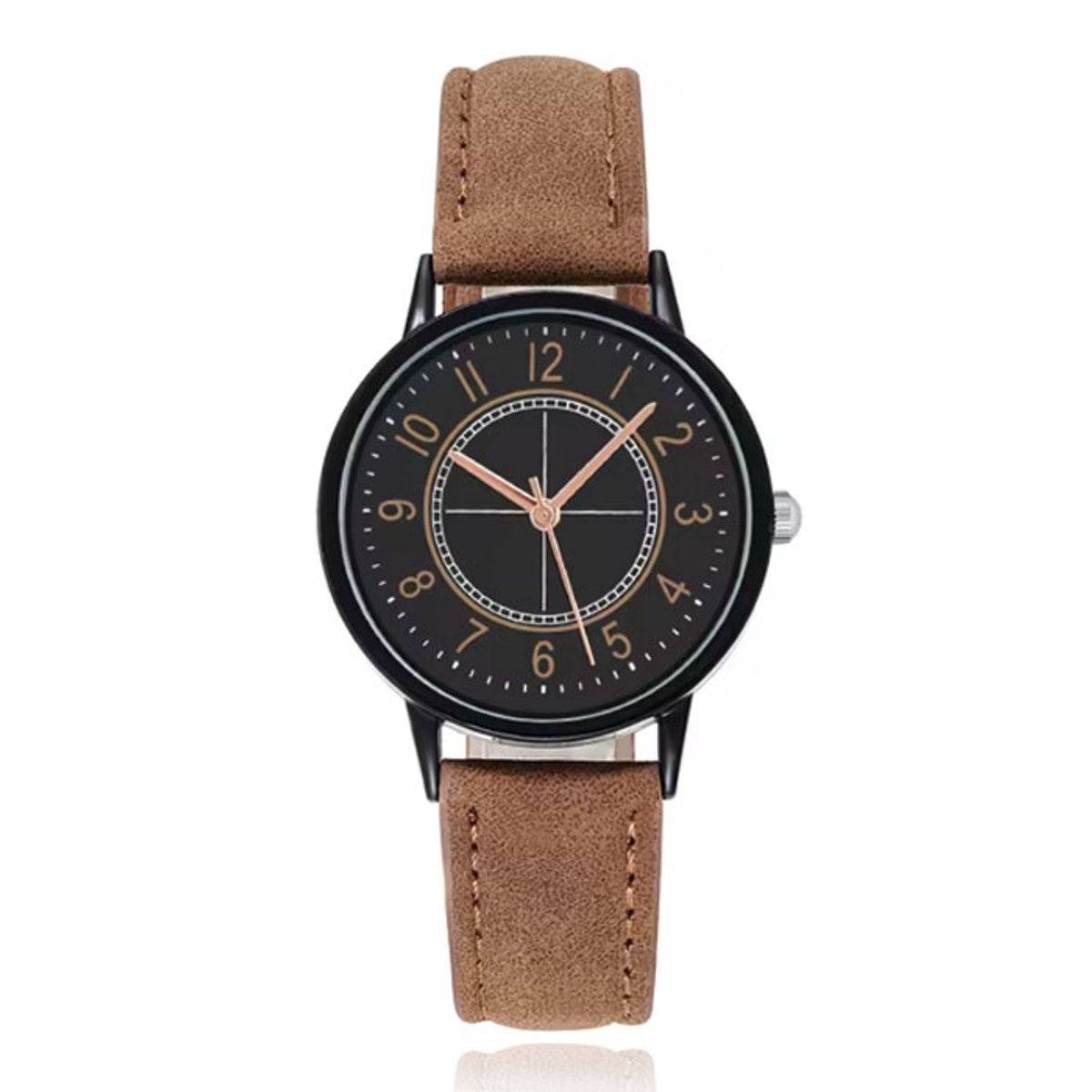 LGT Tijdloos herenhorloge met bruine leren band en zwarte wijzerplaat