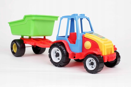 Rode speelgoedtractor met blauwe cabine, gele motorkap en groene kiepwagen.