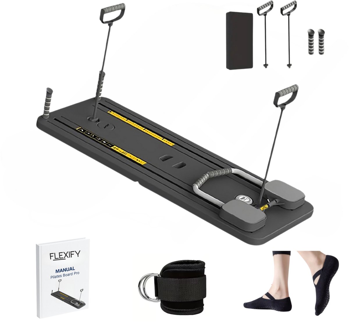 Flexify® - Pilates Board - Pilates Reformer - Inclusief Sokken & EnkelBand & Mat - Buikspieren in no-time - Buiktrainer - 2026 model - Zwart