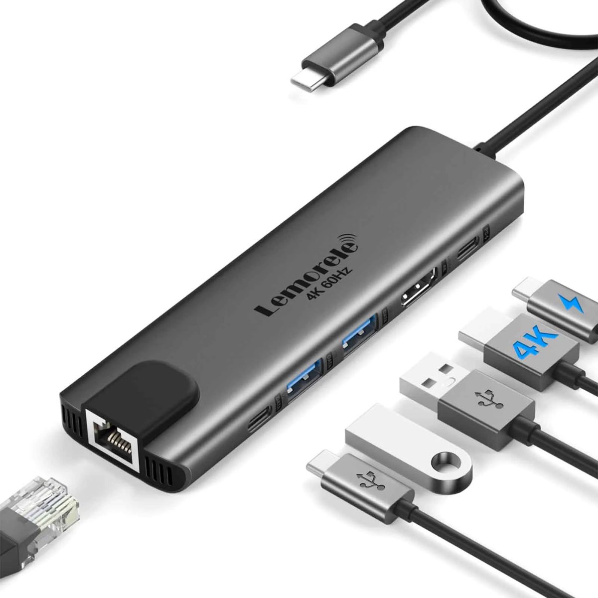 Lemorele TC44 – 6-in-1 USB-C Hub Docking Station – HDMI 4K@60Hz – 100W PD Opladen – RJ45 Ethernet – USB 3.0 – Voor Windows & macOS Laptops (Grijs)