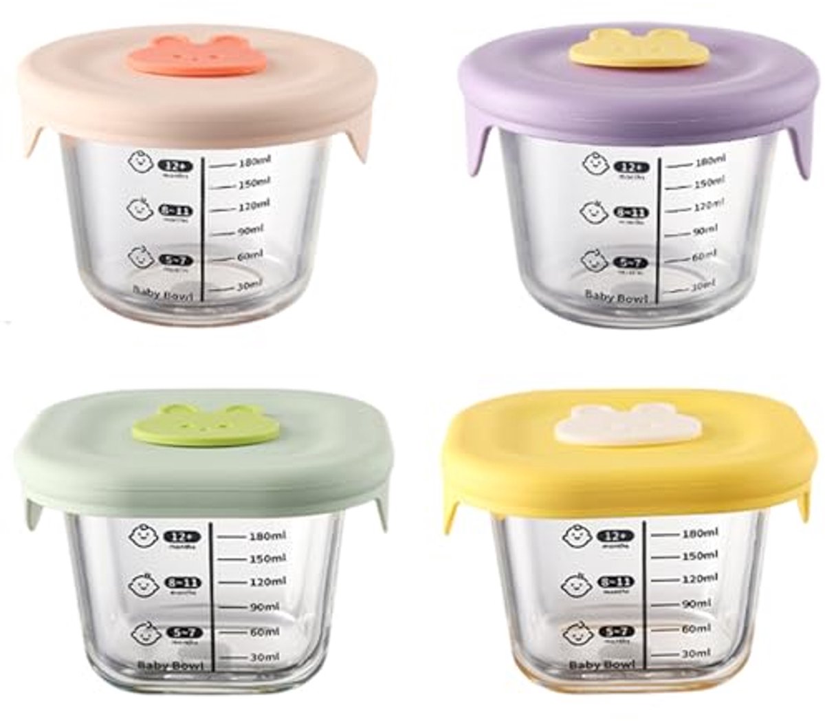 Image of 4 Stuks Babyvoeding Containers 230ml - Ronde en Vierkante Glazen Potten met Siliconen Deksel
