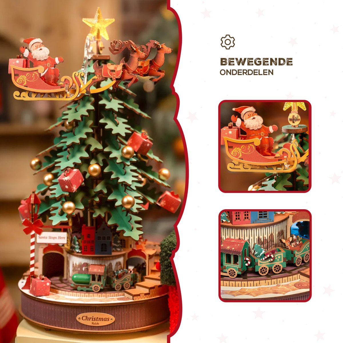 Robotime Christmas Melody Tree 3D Houten Muziekdoos – Kerstboom Bouwpakket – 319 Onderdelen - 30x30x40cm — afbeelding 8