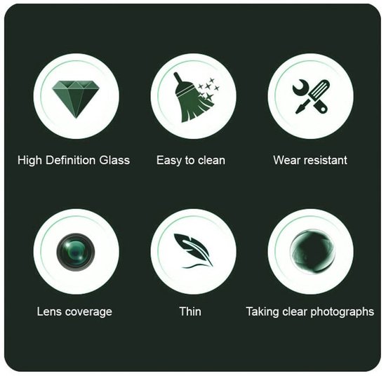 Zes iconen: diamant (HD glas), bezem (makkelijk schoon), gereedschap (slijtvast), lens (lensdekking), veer (dun), oog (heldere foto's).