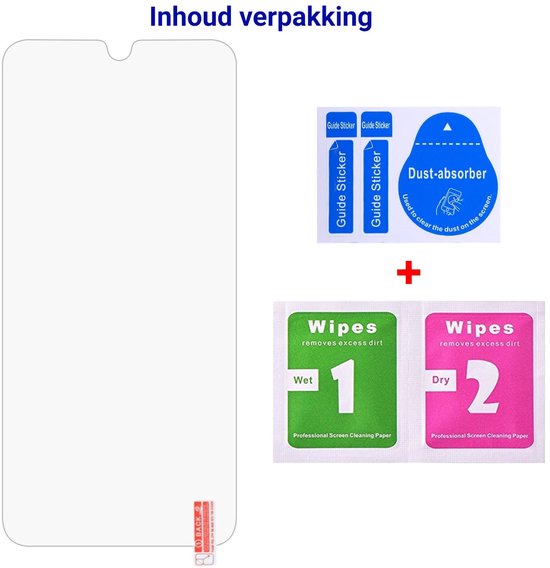 Inhoud verpakking: 1 screenprotector, 2 sets wipes (nat en droog), 2 guide stickers, 1 dust-absorber.
