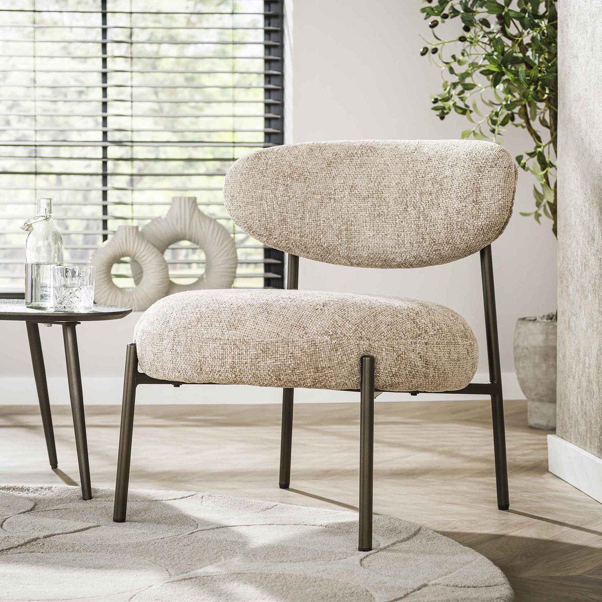 Dimehouse Ronde Scandinavische fauteuil beige gemêleerde stof Nova - Chenille - Japandi