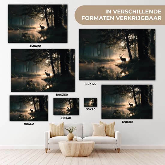 Peinture sur toile 120x80 cm - Décoration murale exclusive Cerf - Ruisseau forestier - Mystique - Décoration murale salon - Décoration chambre - Accessoires chambre - Peintures sur toile
