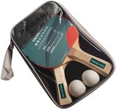 Tafeltennisset met twee batjes, twee ballen en tas. Batjes met rode en zwarte zijde.