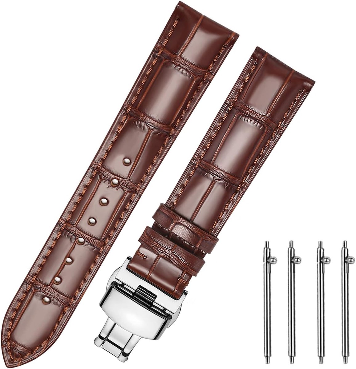 Leren Horlogeband - Snelle Bevestiging - Gepolijste Sluiting - 18mm 20mm 22mm 24mm - Zwart Bruin - Gegraveerd Korrels - Klassiek Ontwerp - Kalfsleer - Vervangende Horlogestrap voor Mannen Vrouwen (22mm, Bruin)