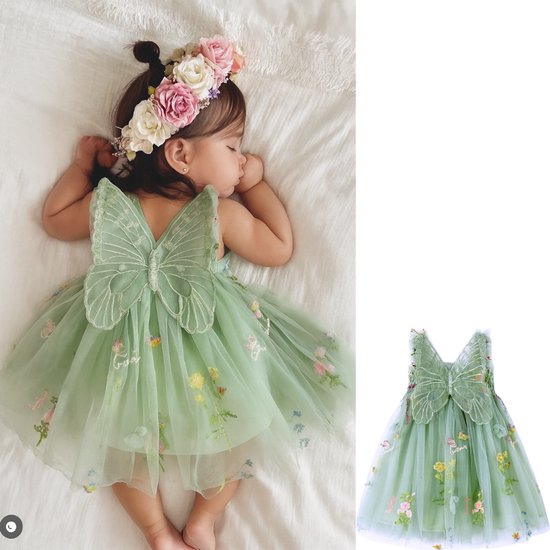 Joya Kids® Baby Meisjes Prinsessenjurk met Vlinders en Bloemen | Feeën Tule Feestjurk zonder Mouwen voor Verjaardag, Bruiloft, Doop of Fotoshoot | Baby Foto Outfit | Photoshoot Peuter | Groen | Maat 90