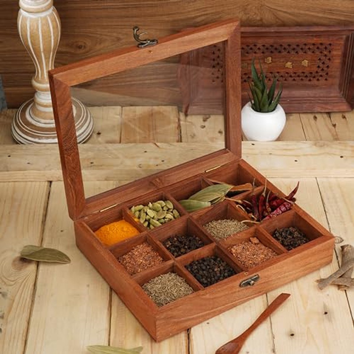 Houten Kruidendoos met Glazen Deksel - Decoratieve Masala Dabba Organizer