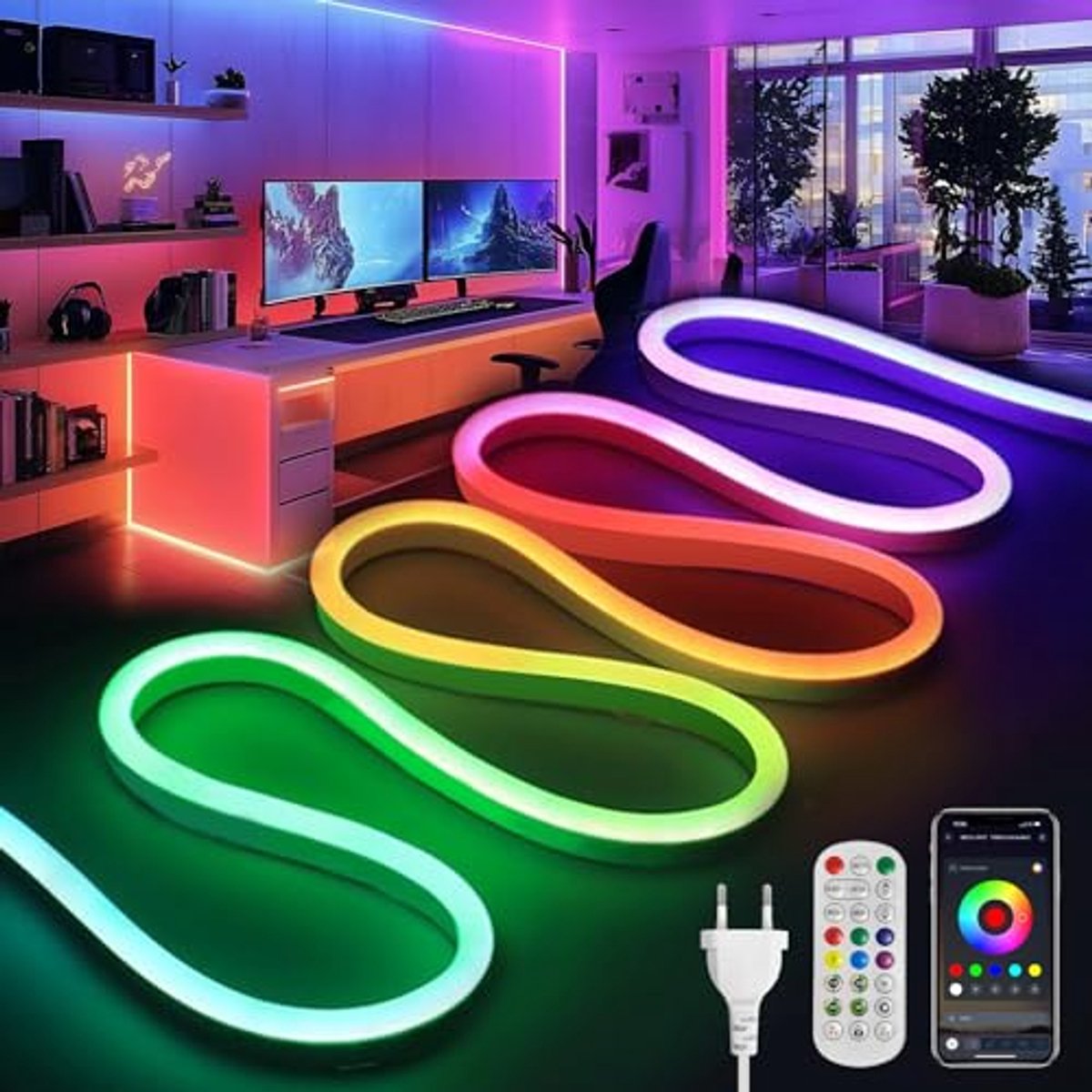 10m Neon LED Strip - RGBic Flexibele LED Strips met Applicatie en Afstandsbediening, Waterproof IP65 voor Binnen en Buiten