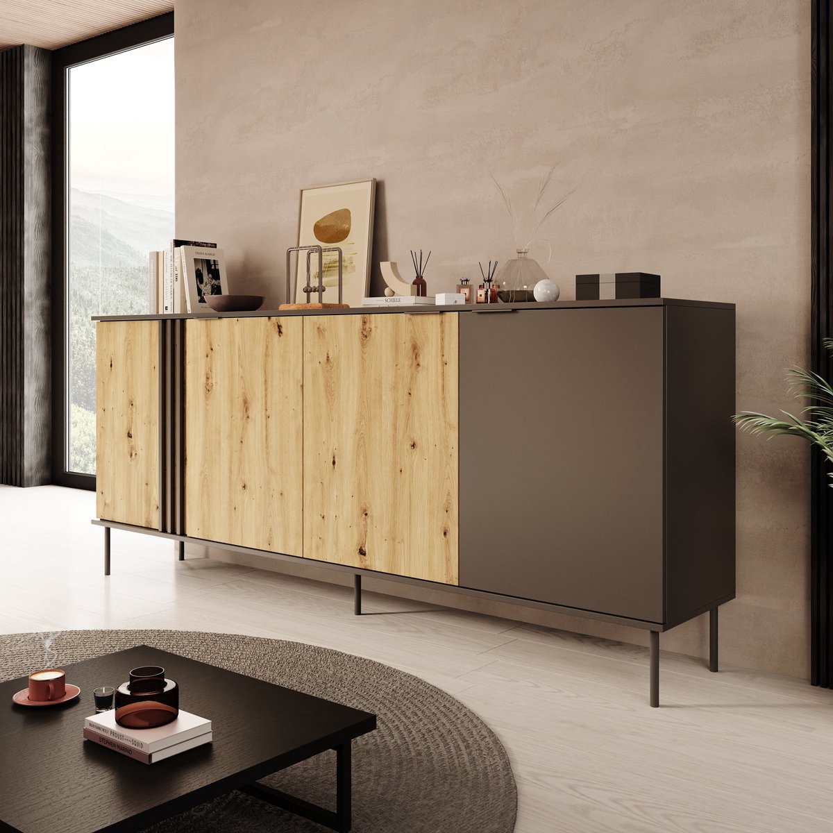 Meubella - Rogan - Dressoir - Zwart - 220x40x92 cm