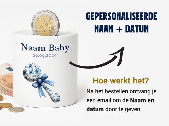 Gepersonaliseerde Baby Spaarpot - Met Naam en Geboortedatum - Blauwe Rammelaar van Merkloos — afbeelding 2