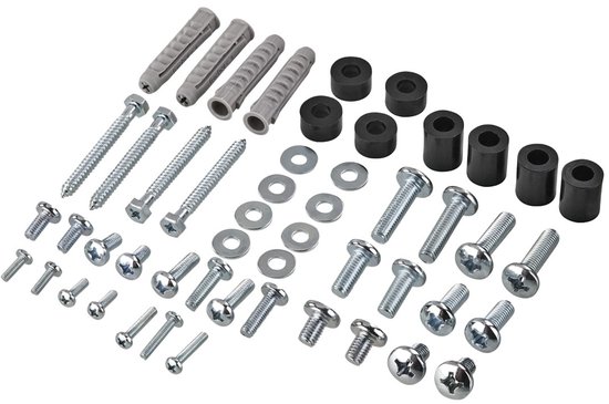 Set met diverse schroeven, pluggen en ringen voor een TV-beugel.