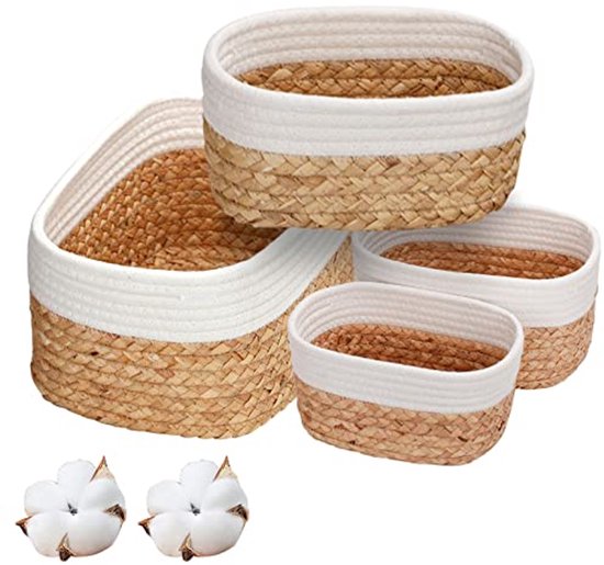 Ensemble de 4 paniers de rangement tissés en jacinthe d'eau et coton pour salle de bain, cuisine ou chambre