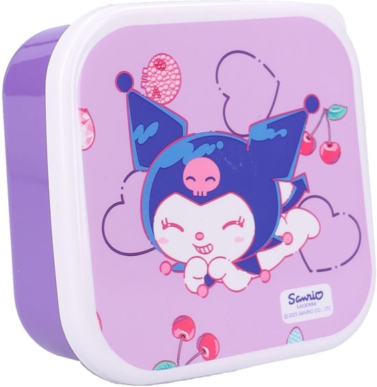 Paarse lunchbox met Kuromi-print en witte rand. Met kersen en hartjes.