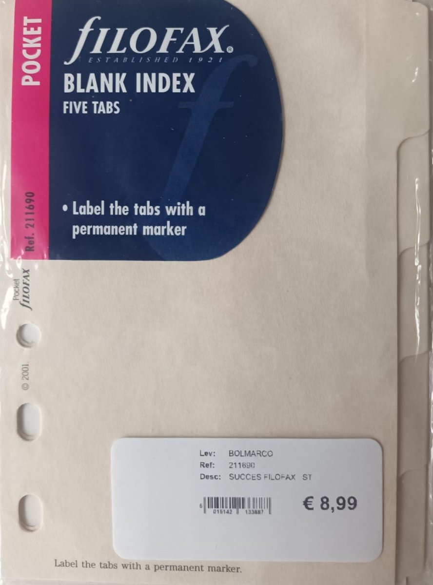 FILOFAX POCKET BLANK INDEX CREME 5 TABBLADEN