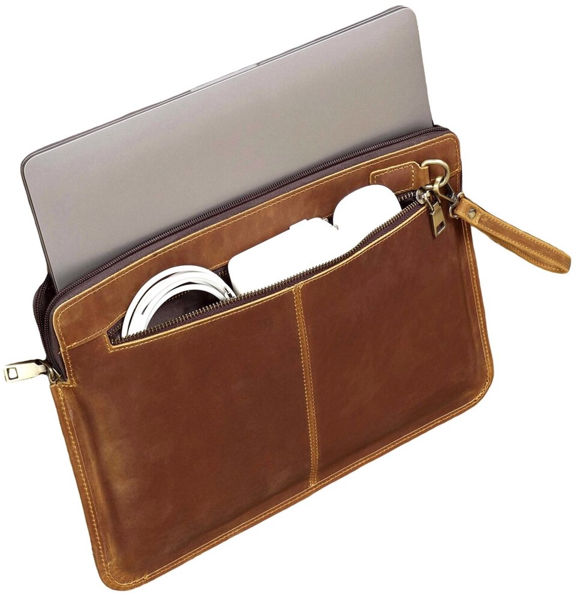 Leren Laptophoes 14.2 Inch –Hoogwaardig Volnerfleer – Slanke Sleeve met Gevoerd Vak & Grote Ritsvak– Bruin
