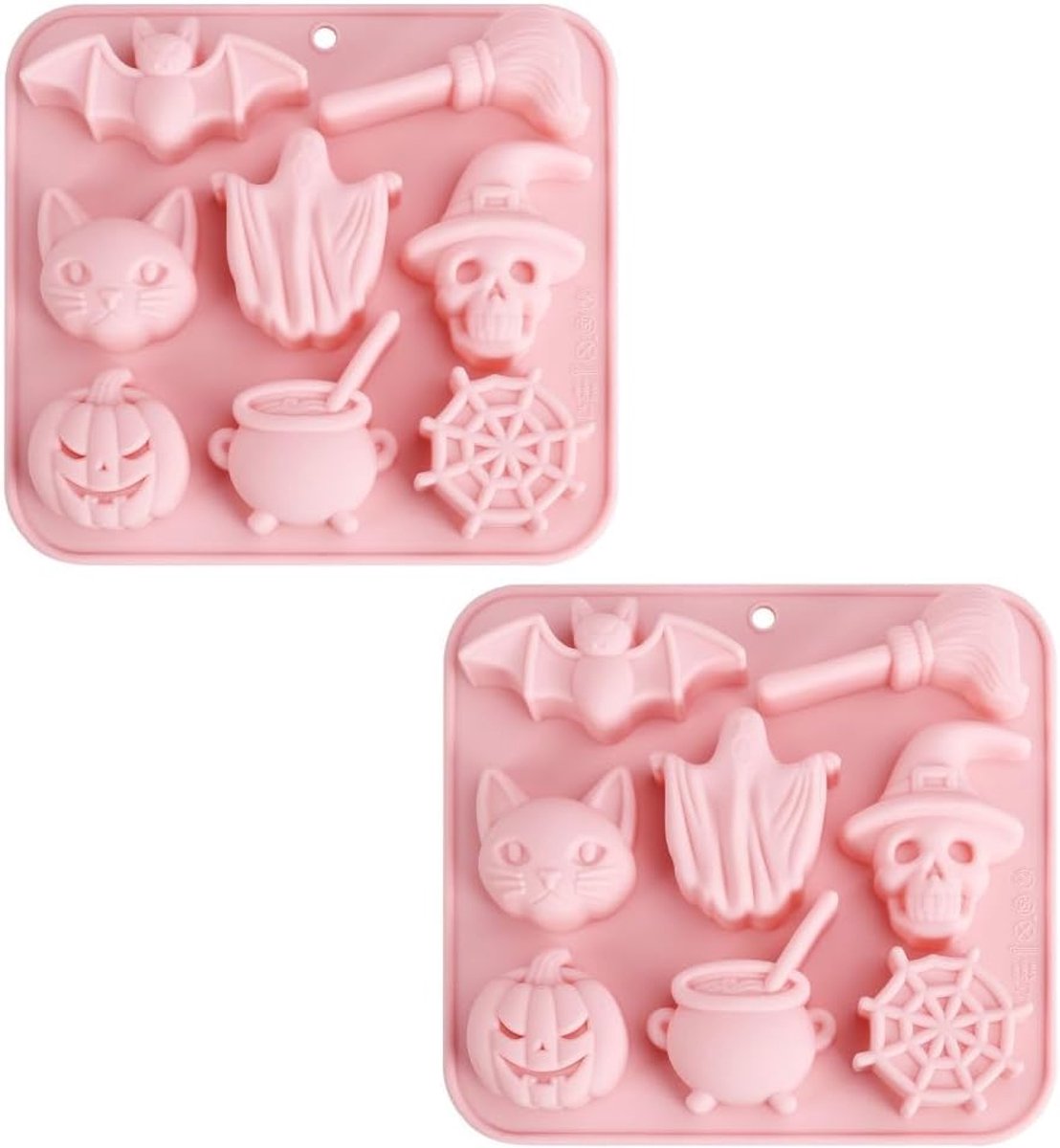 bakken- Halloween- halloween decoratie- halloween snoep- Halloween siliconen chocoladevormen- 3D Halloween thema taartvormen met ophanggaatjes voor feestdecoraties voor muffins - zeep - kaarsen - ijsblokjes en snoep (roze - 2-pack - 16*14,5)