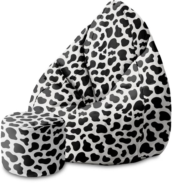DreamRoots Velvet Zitzak voor Volwassenen – Luxe Beanbag met Voetsteun en Afneembare Hoes – Inclusief Vulling – 70x70x105cm - Cow Print