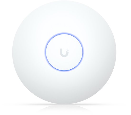 Witte Ubiquiti UniFi U7 Long-Range access point met blauw oplichtende cirkel en U-logo.