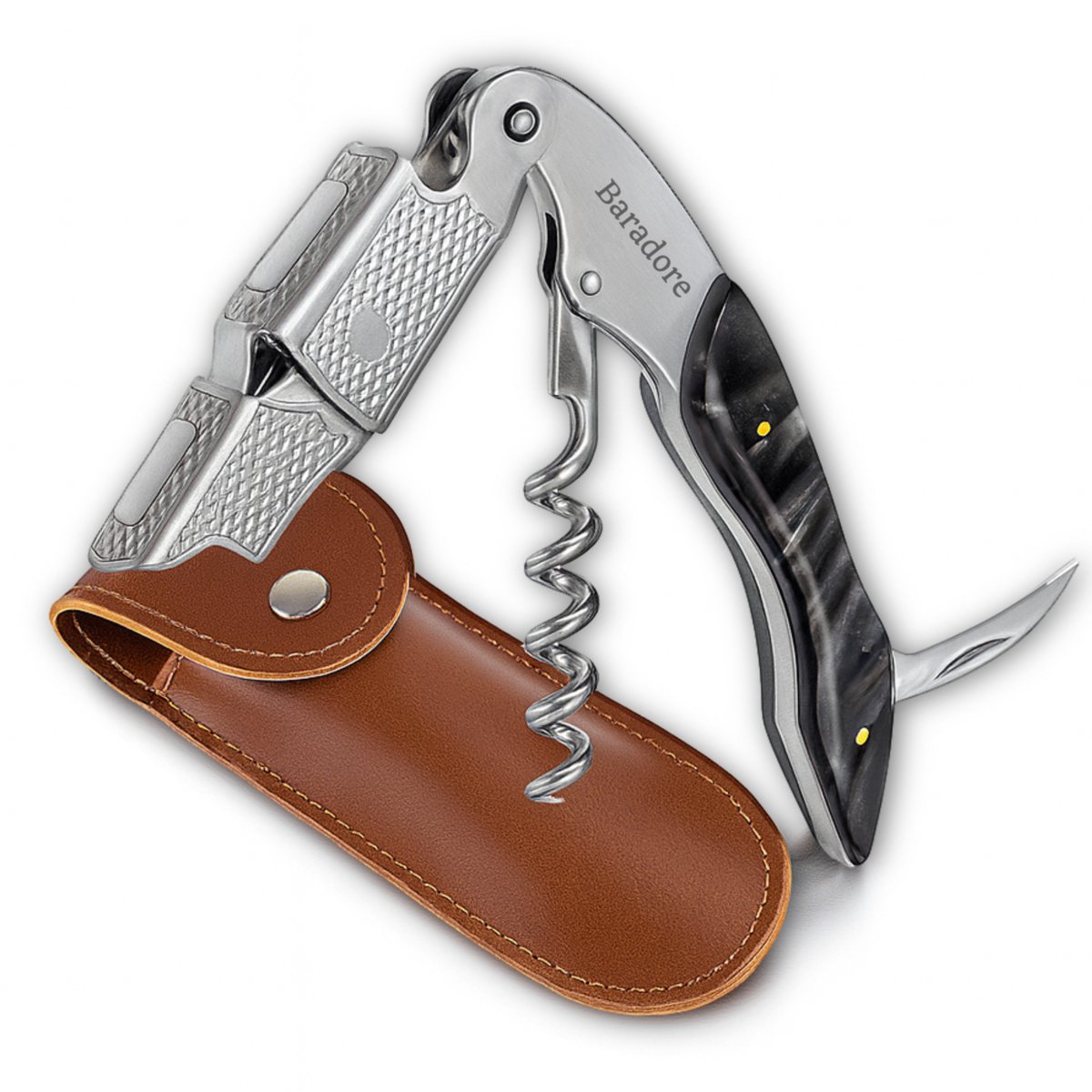Baradore® Kurkentrekker - Wijnopener - 3 in 1 Kelnersmes - Flesopener - Inclusief Houder - Multifunctioneel - RVS - Zwart