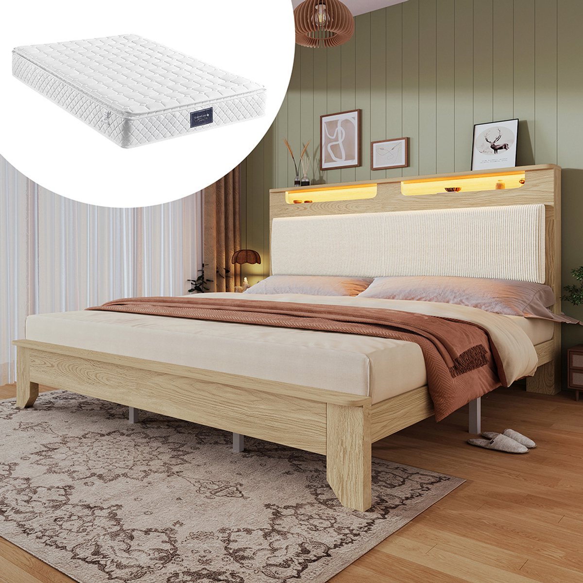 KOMHTOM BLACKCOLORS Houten tweepersoonsbed 160 × 200 cm, hoofdeinde met opbergruimte, led-verlichting en gestoffeerde rugleuning in beige corduroy, bedframe met houten latten, licht eiken (met matras, zonder bank)