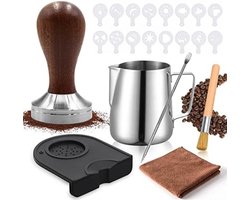Barista Set Compleet - 51mm Espresso Koffiestamper met Houten Handvat, Melkkan 350ml, Latte Art Pen, Schoonmaakaccessoires en Stencils - Professionele Koffiezetaccessoires
