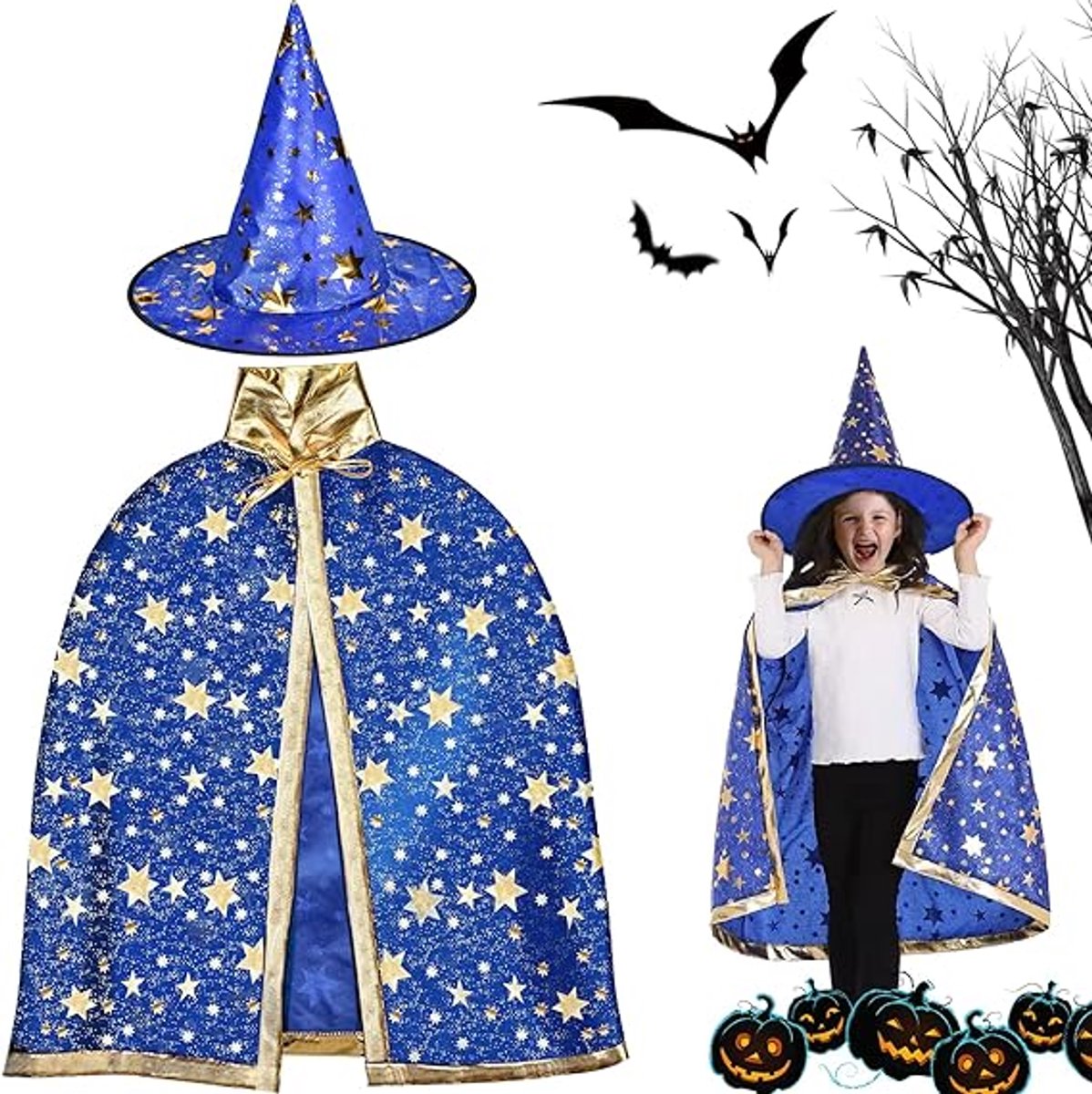 Halloween toverkostuum voor kinderen | Tovenaarsmantel met hoed – Blauw met gouden sterren | Verkleedkleding voor Halloween en themafeesten